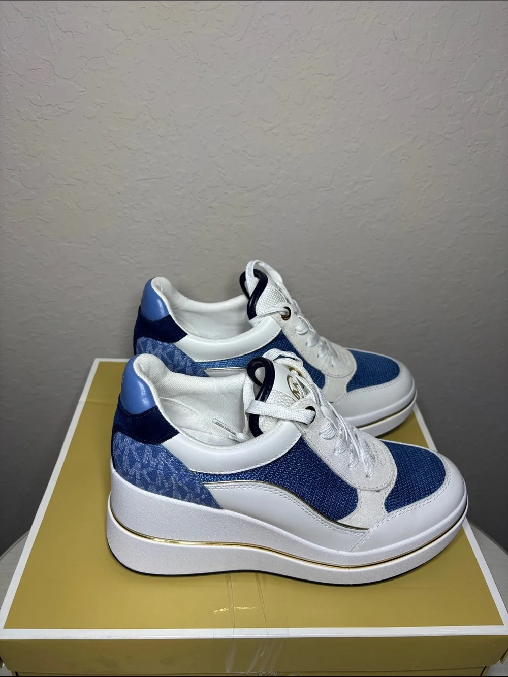 Michael Kors Emmy Wedge Trainer Sneakers French Blue Multi Women's Size 7.5 NIB